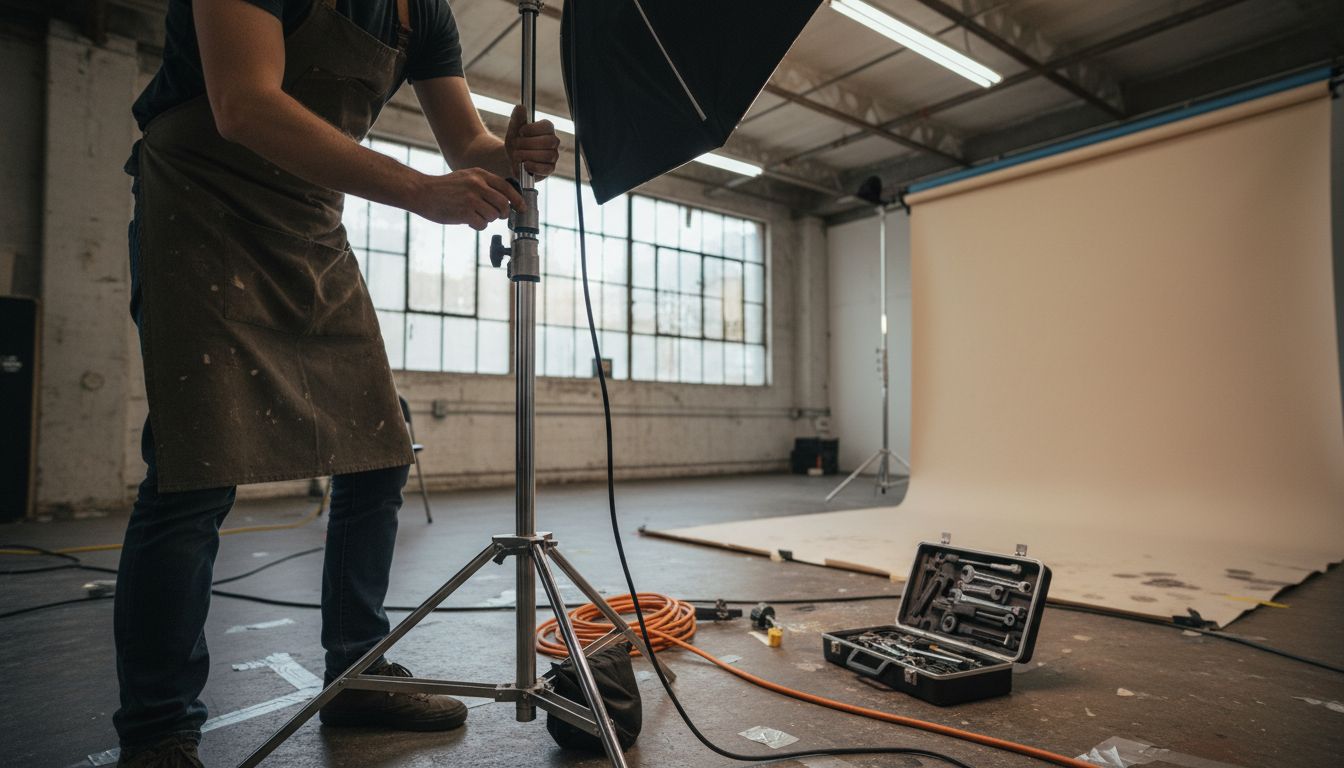 how to select a photography studio Assistant setting up lights in studio workspace