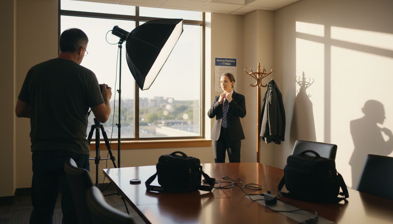 Photographer setting up for business portraits
