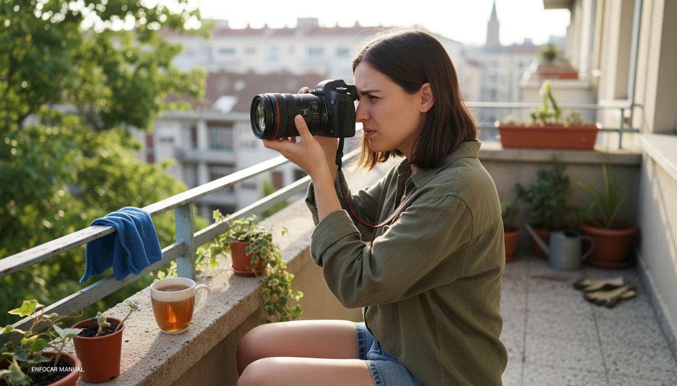 Una mujer ajusta su c&aacute;mara desde el balc&oacute;n de un edificio mientras enfoca la ciudad.