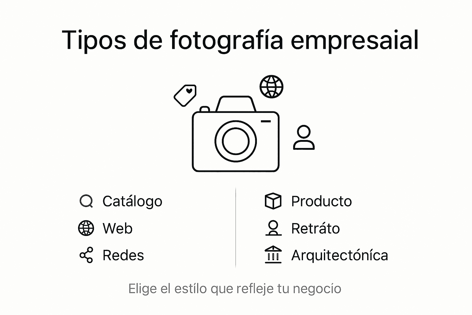 Que aportan la fotografía y los contenidos profesionales a tu negocio Infografía sobre las distintas categorías de fotografía corporativa