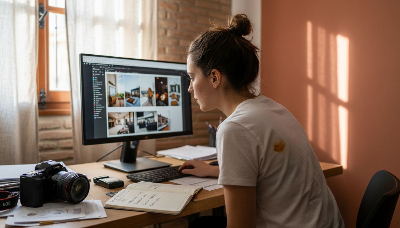 VISUUA Photo: Tu agencia gráfica en Valencia Una fotógrafa revisa las fotos tomadas durante la sesión de un evento, seleccionando las mejores imágenes para su entrega.