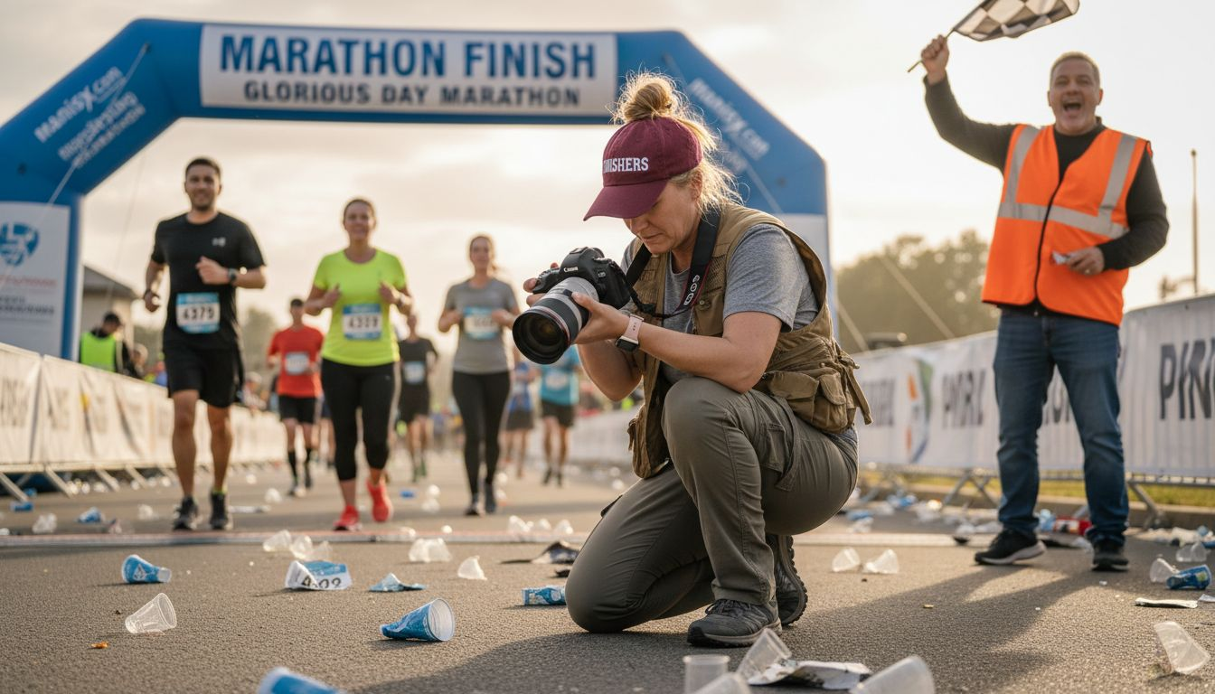 what is sports event photography Photographer capturing finish at marathon event