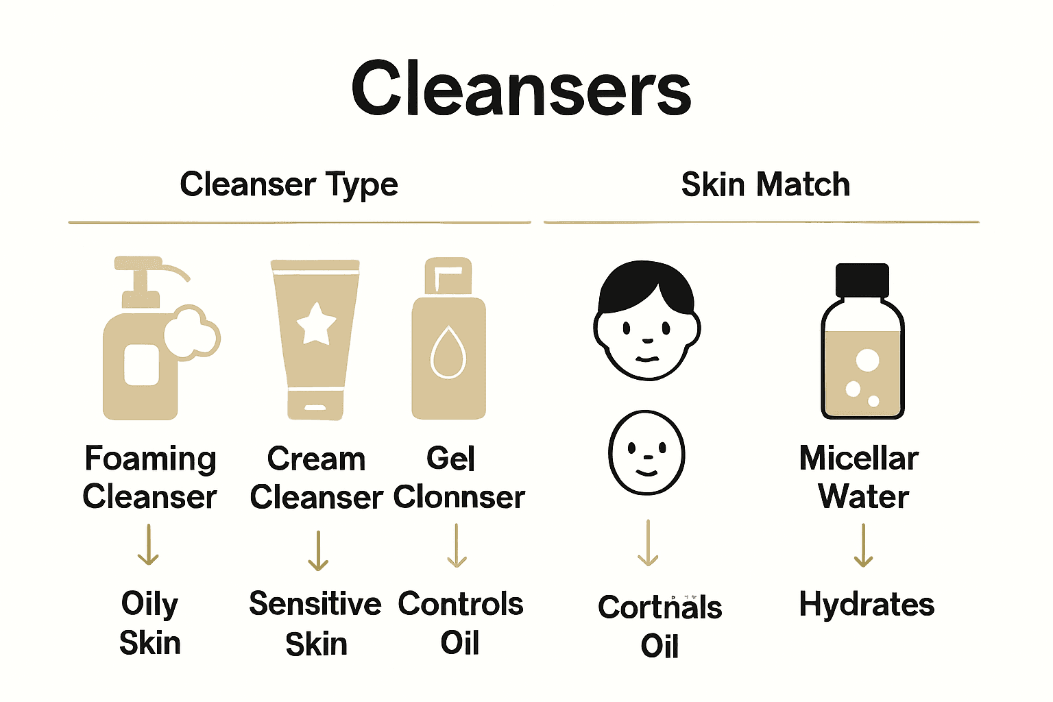 Infographic showing different cleanser types with matching icons and skin type recommendations.