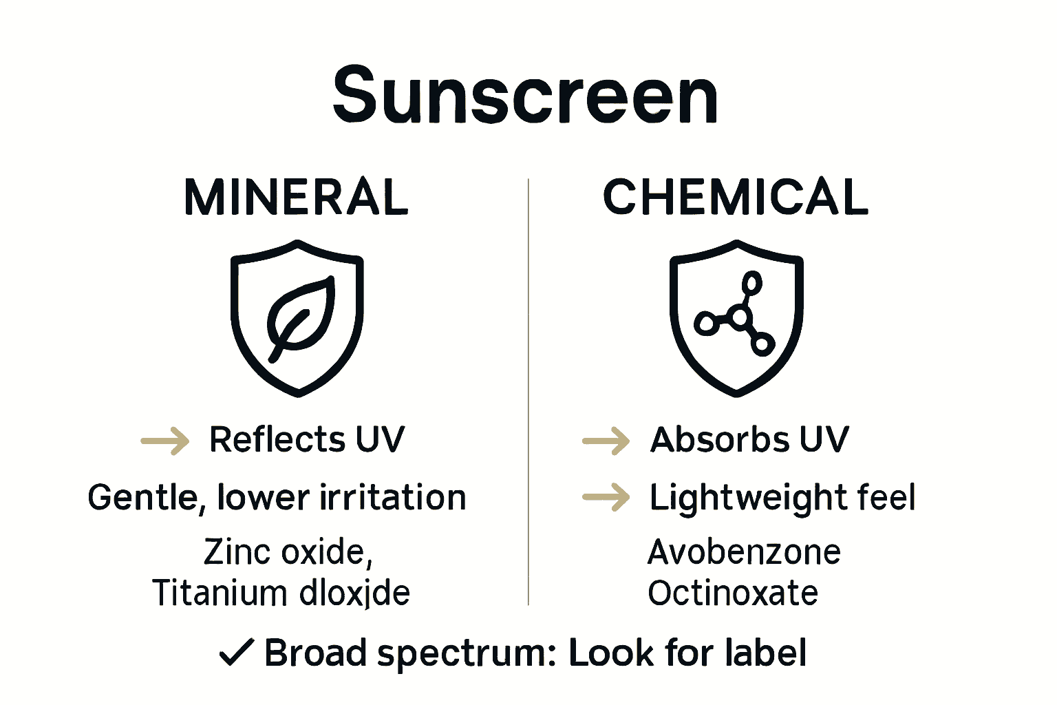 Infographic comparing mineral and chemical sunscreens using icons and benefits