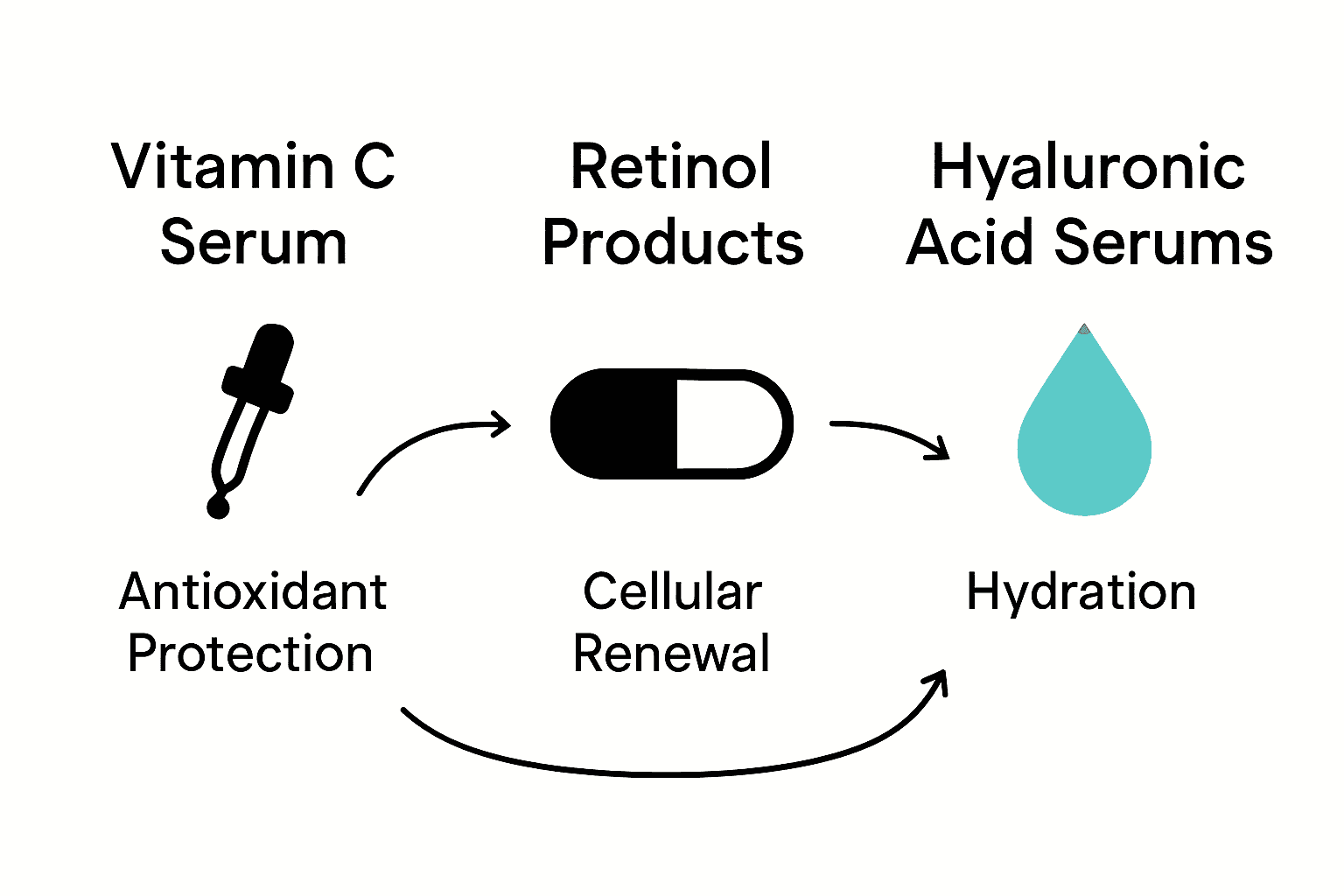 Infografika porovnávajúca výhody séra s vitamínom C, retinolu a kyseliny hyalurónovej.