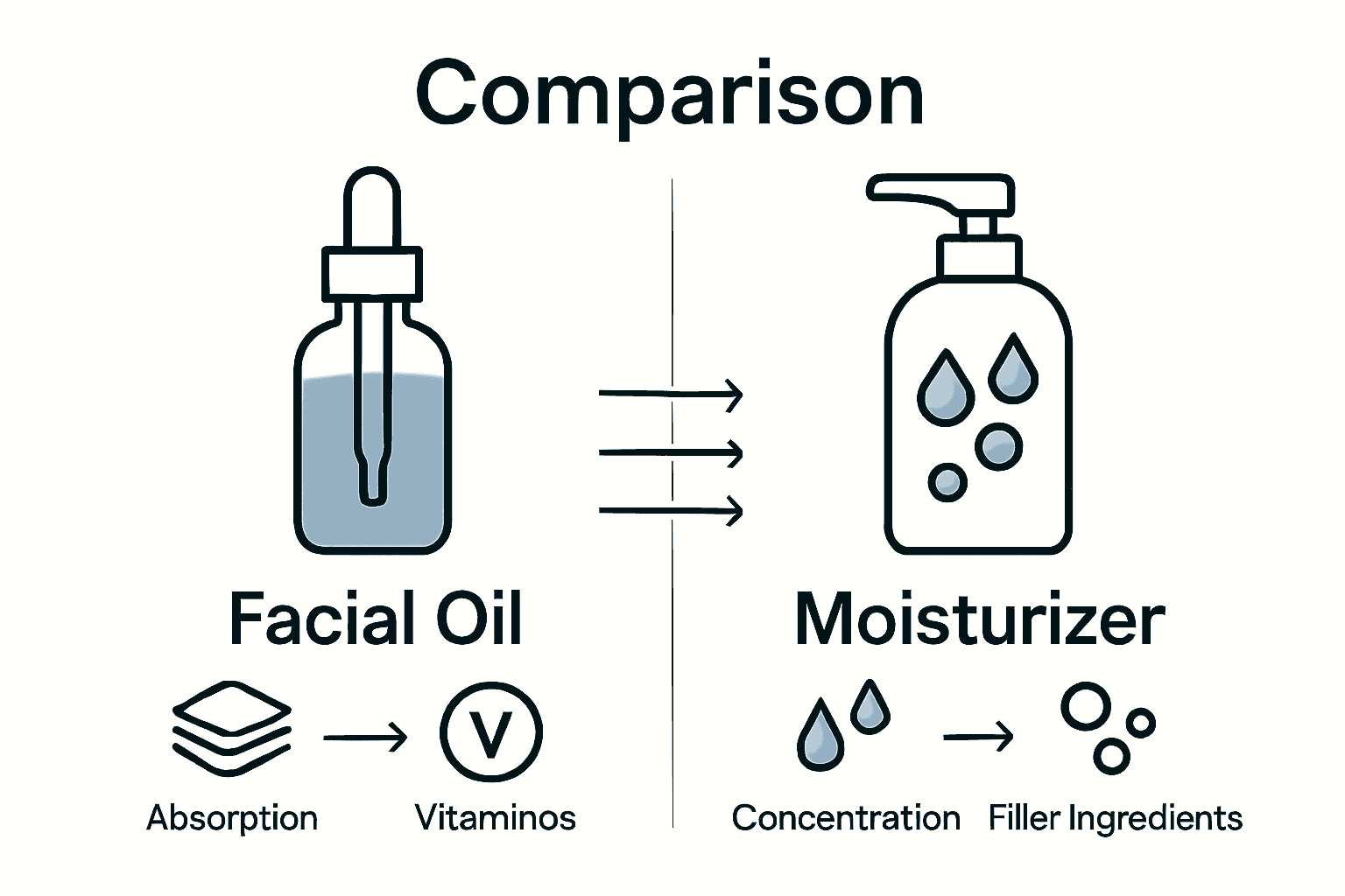 Infographic comparing facial oils and moisturizers with icons and arrows.
