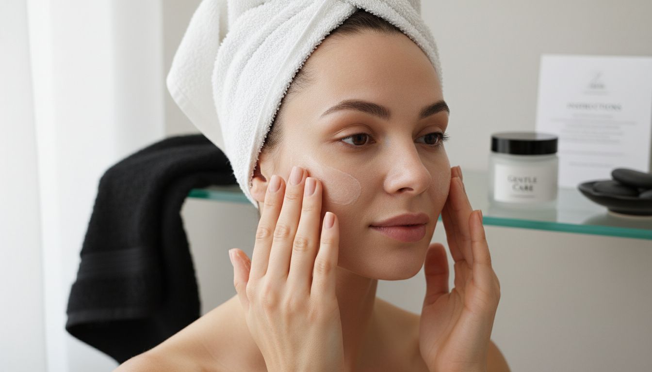 Hands gently massaging exfoliant on woman’s cheek