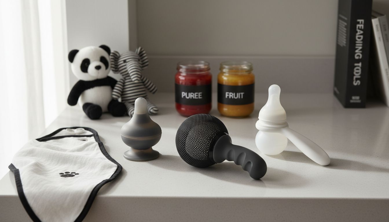 Different types of baby food feeders displayed