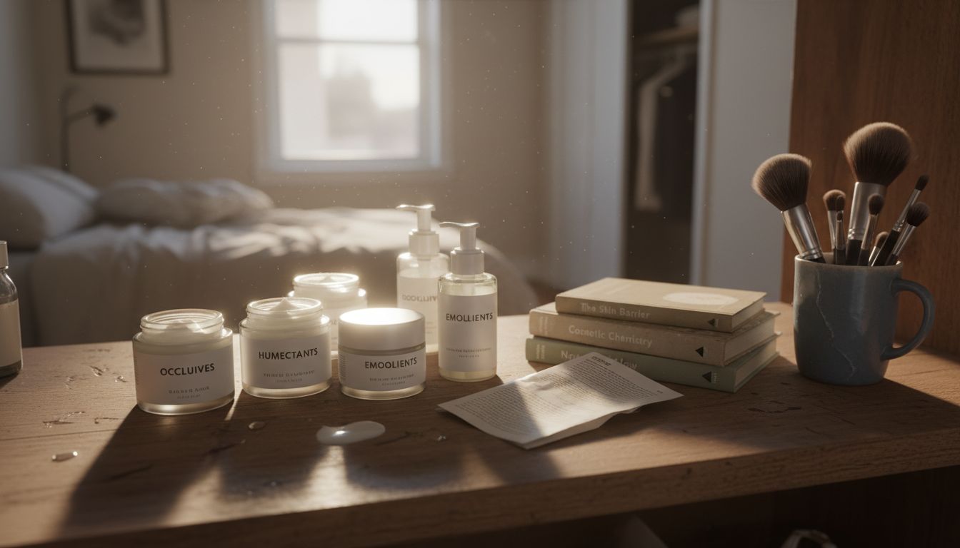 Moisturizer bottles and ingredient labels on shelf