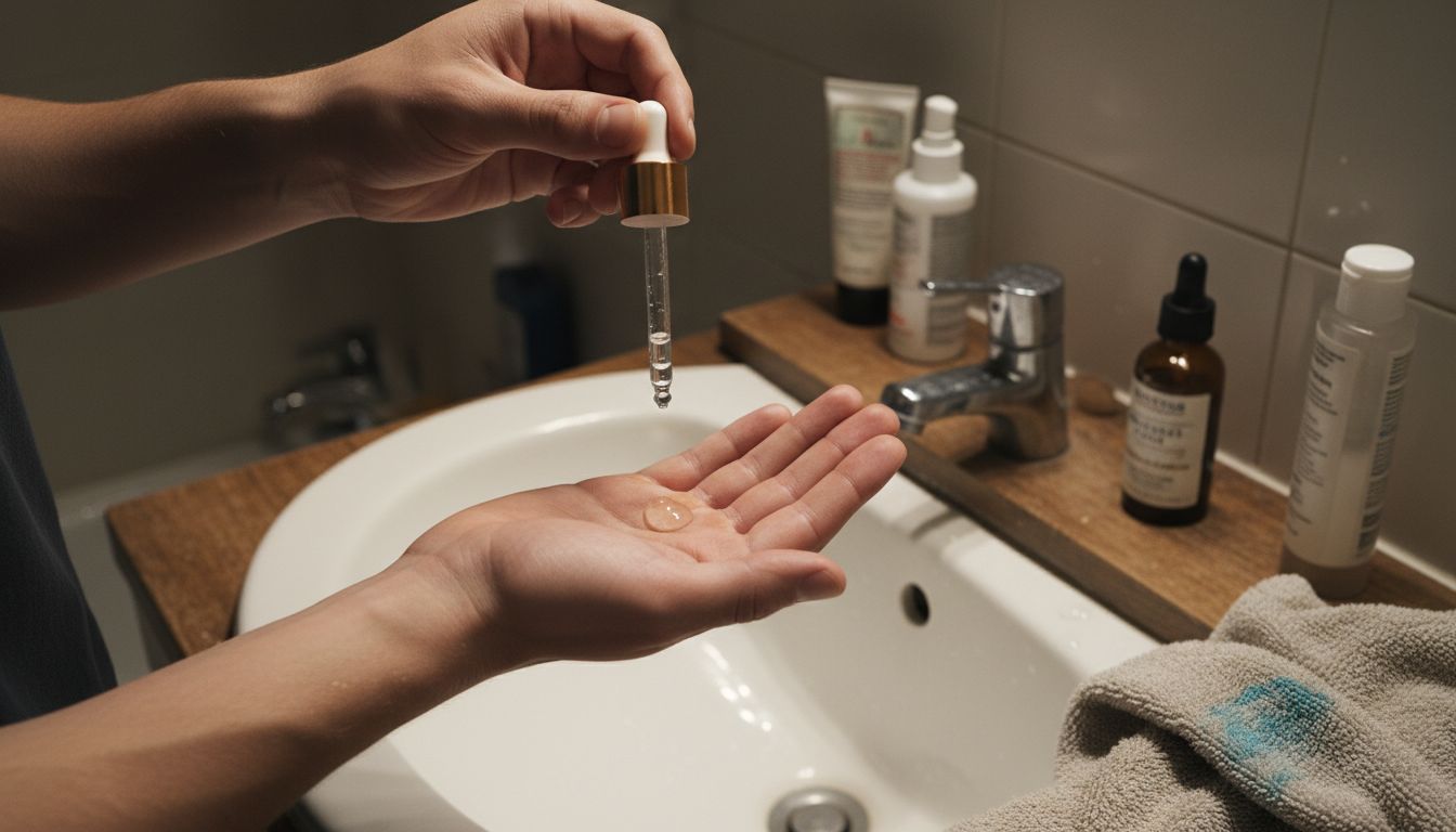 Hands applying chemical exfoliant in bathroom