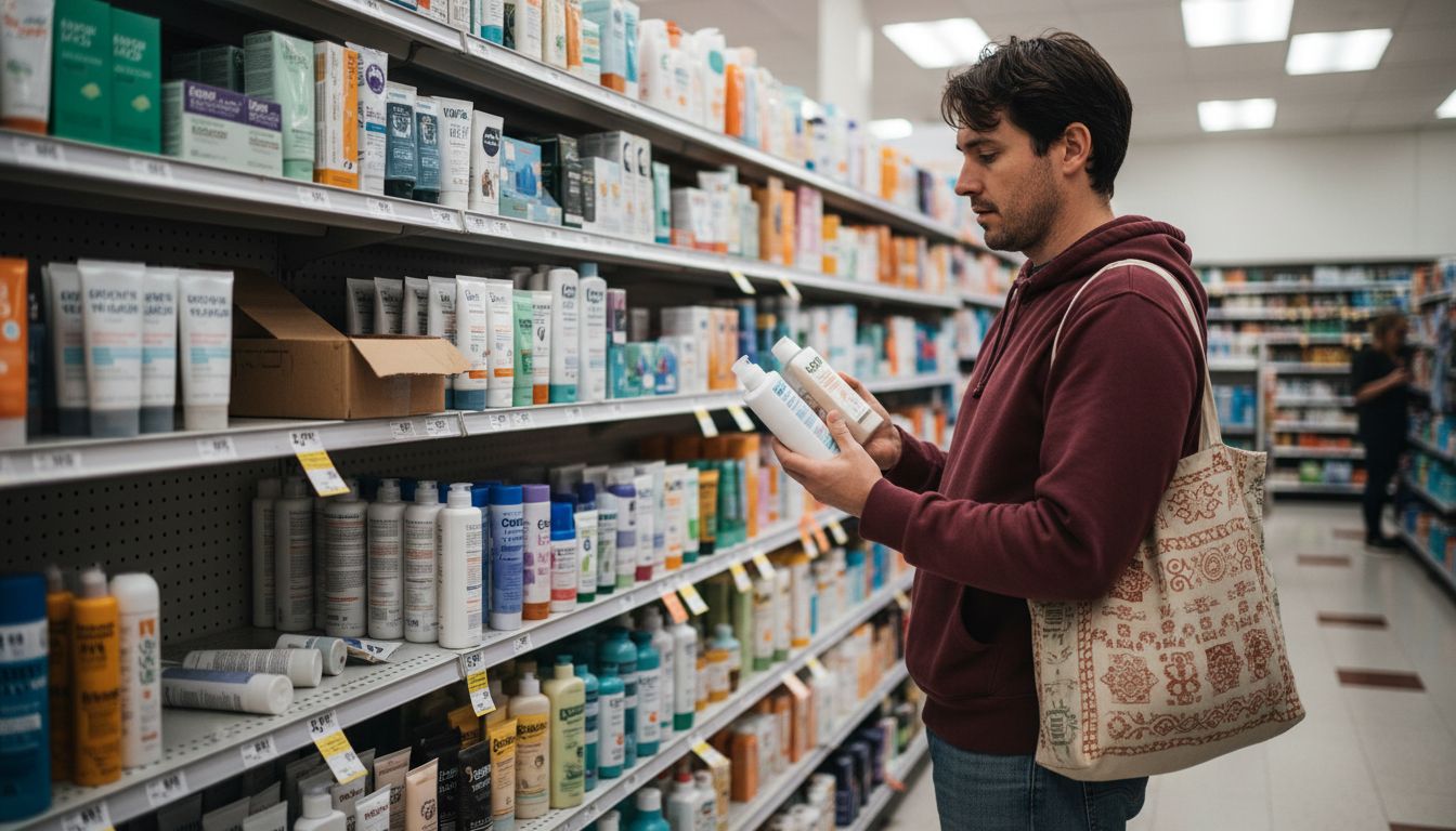 Man selects cleanser in crowded store aisle