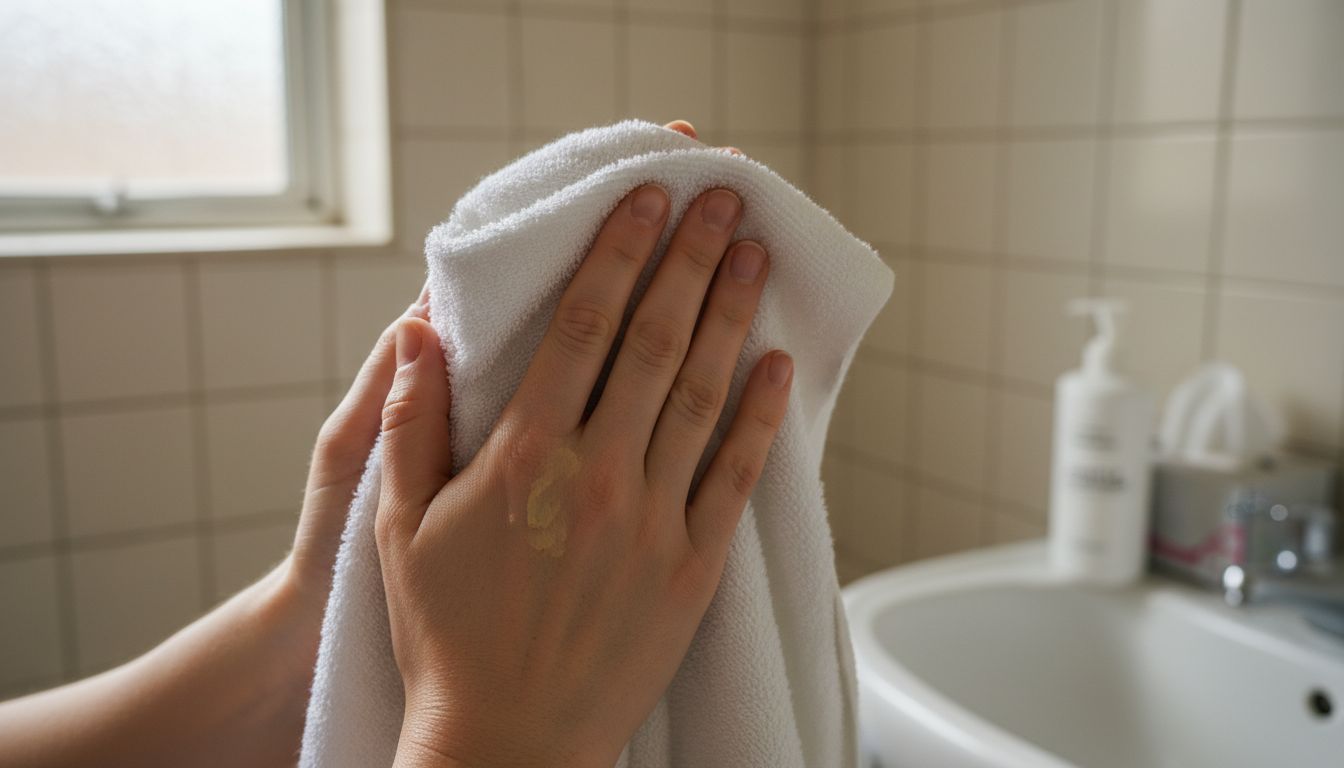 Hands gently patting face dry with towel