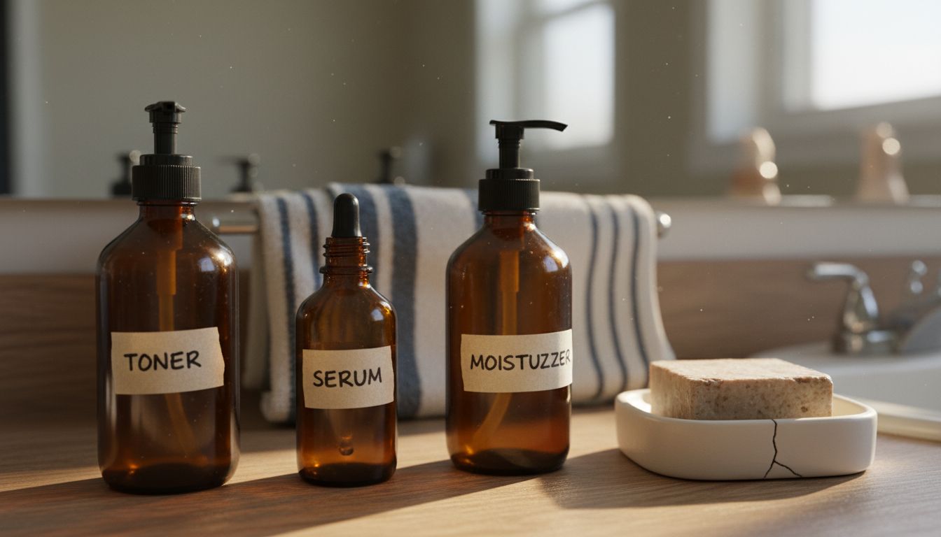 Lineup of layered skincare bottles on counter