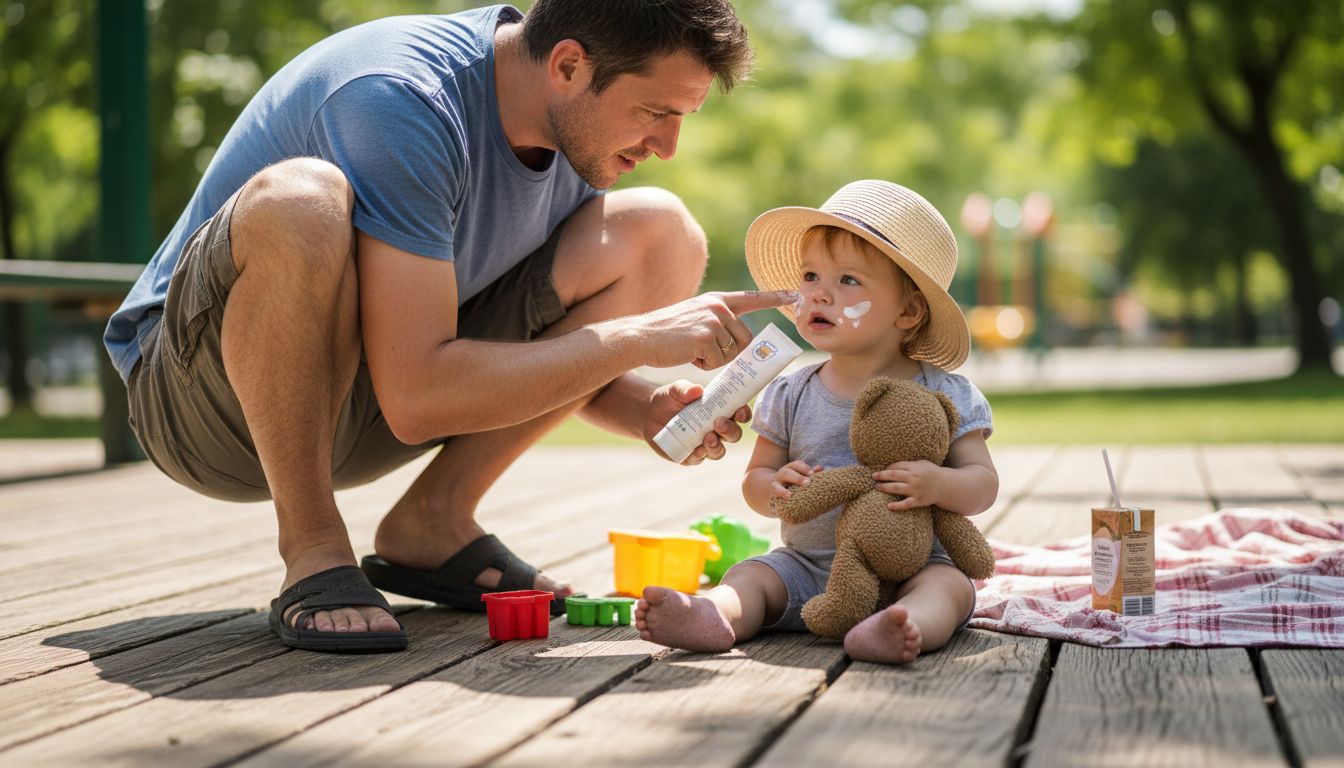 Father applying sunscreen to young daughter