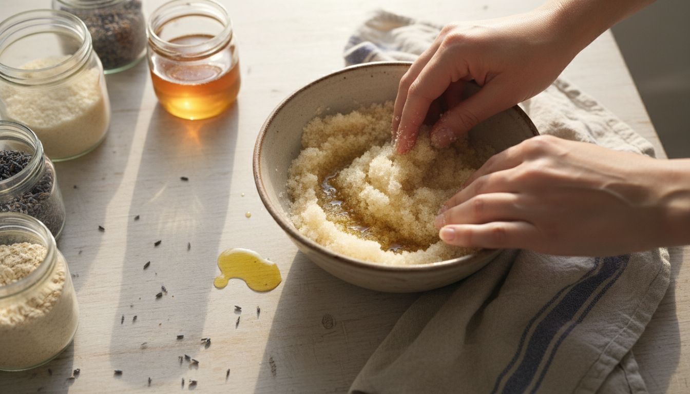 Mixing natural exfoliant in kitchen bowl