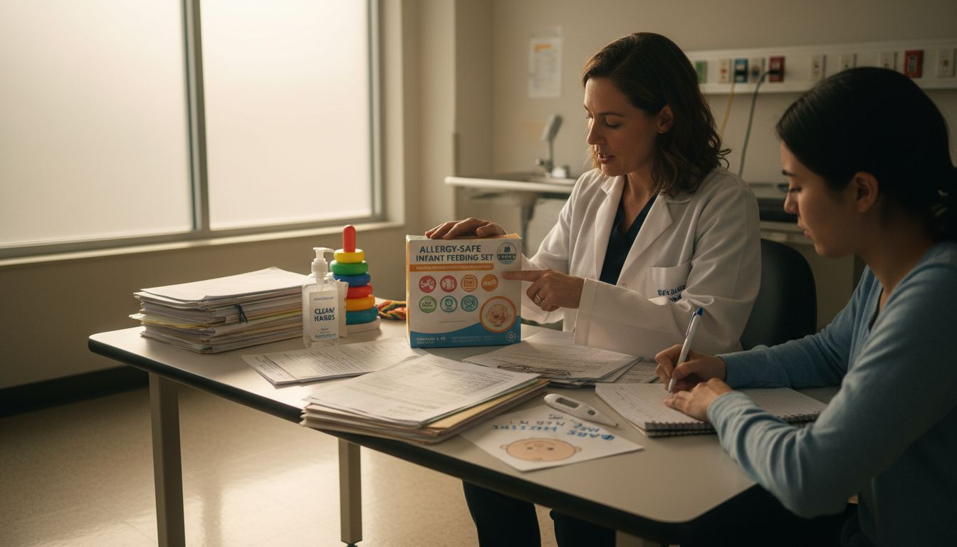Nutritionist discussing allergy-safe set with parent