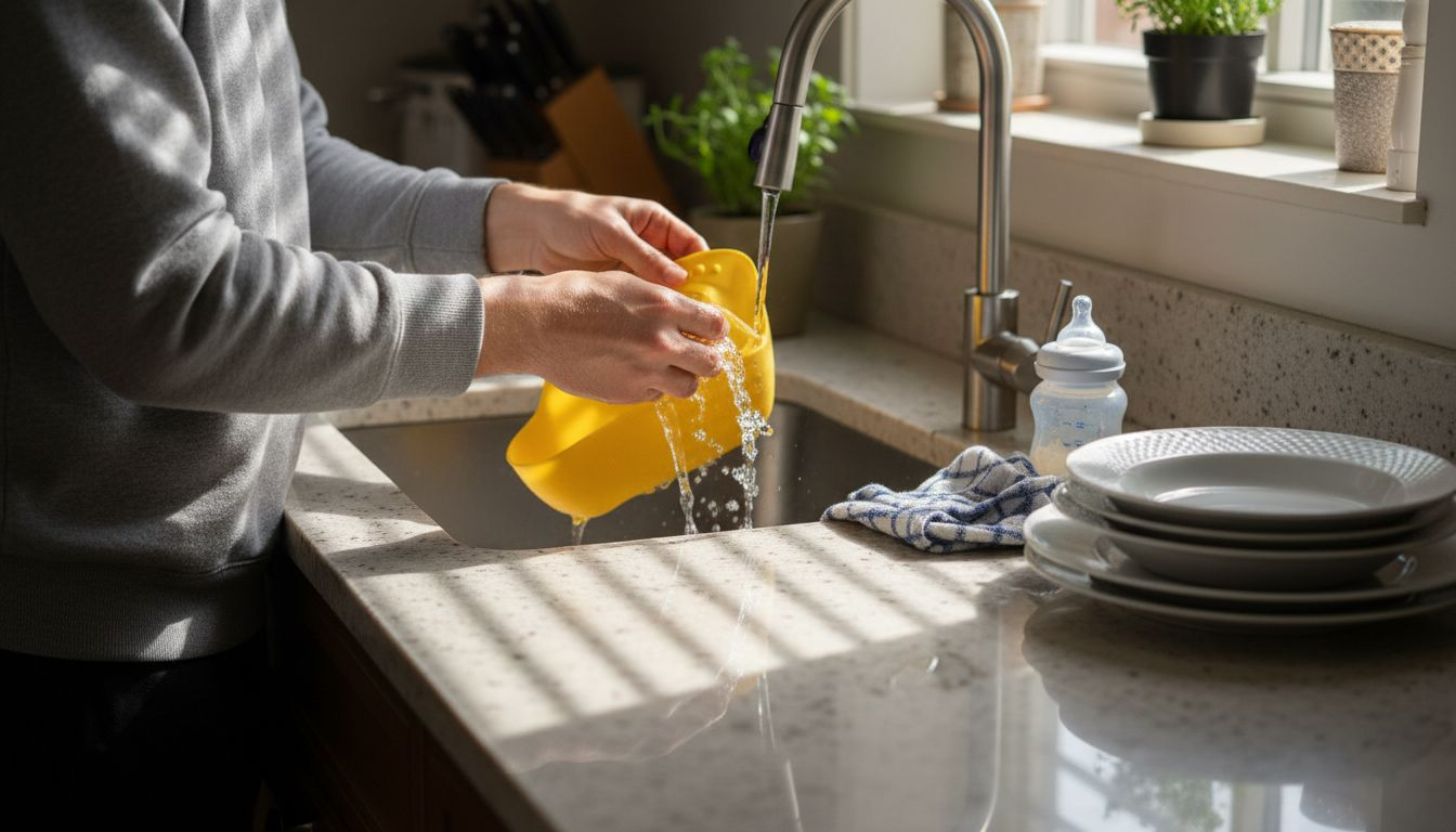 Parent washing silicone bib at kitchen sink