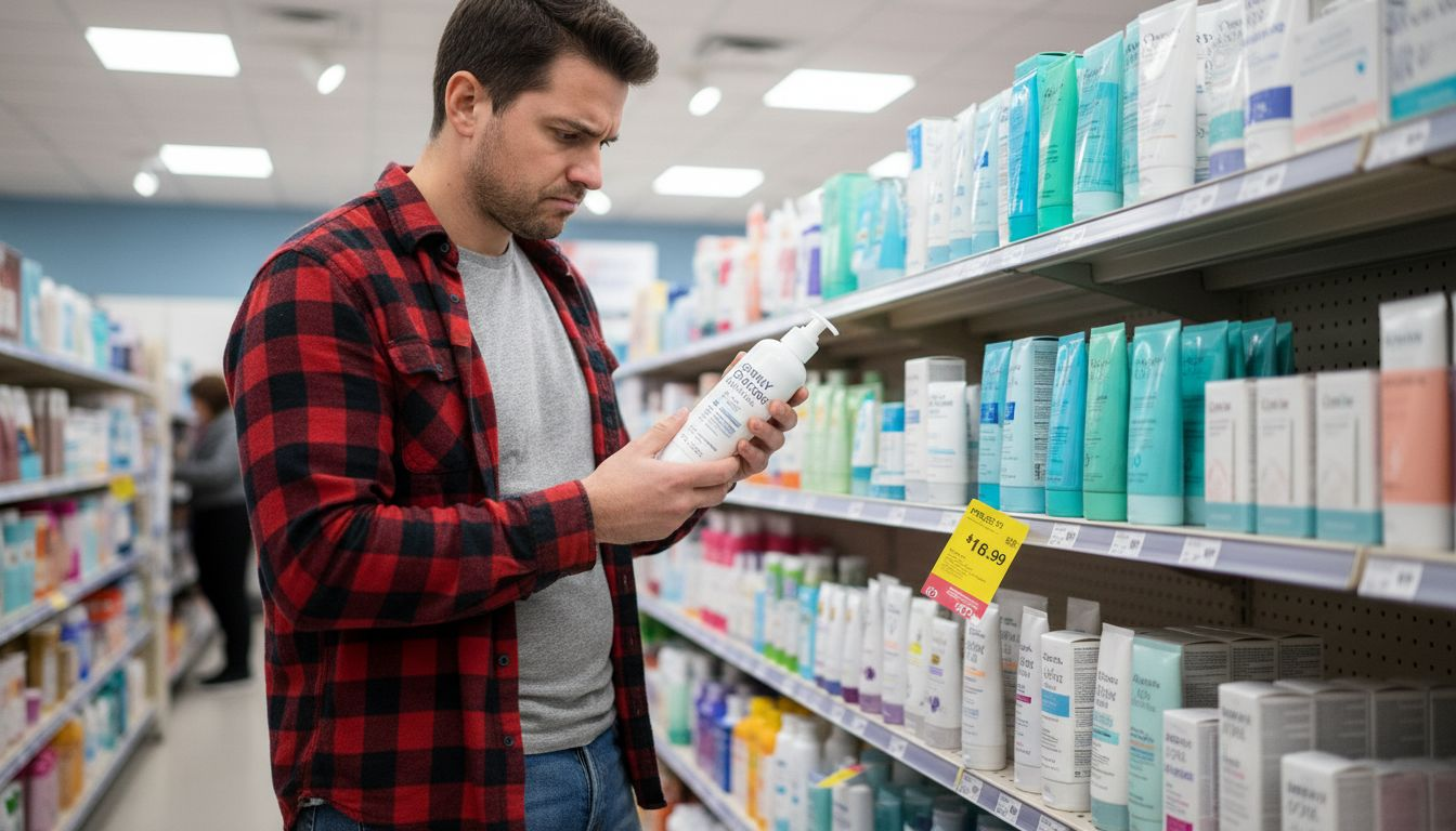 Man choosing skincare products at pharmacy shelf
