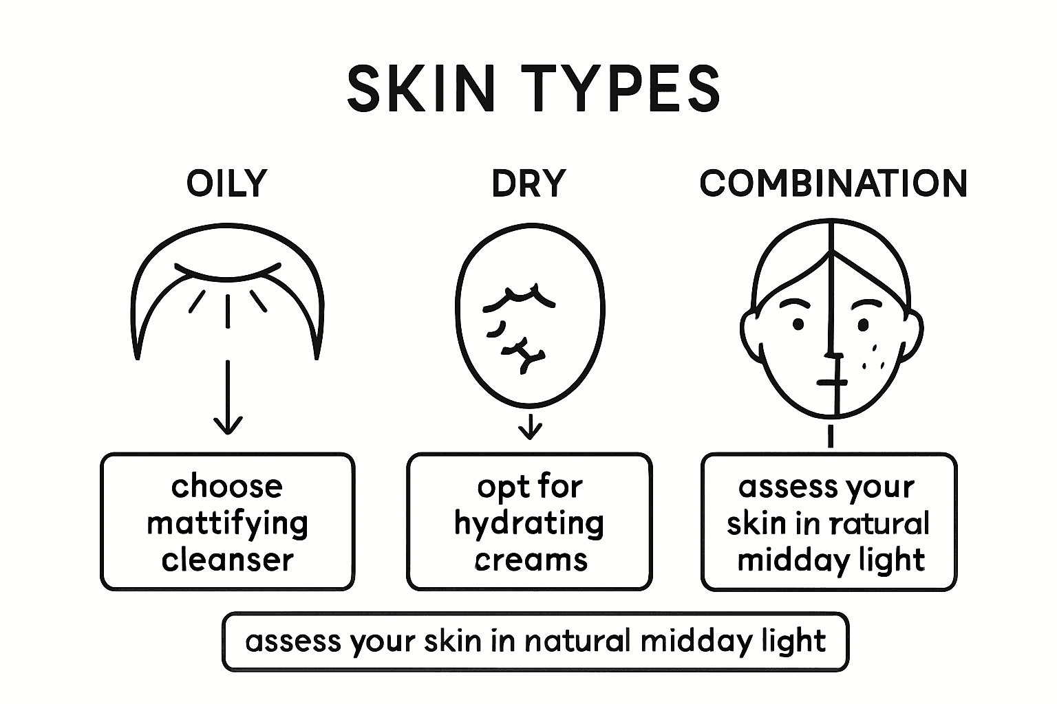Skin type assessment infographic with three illustrated icons