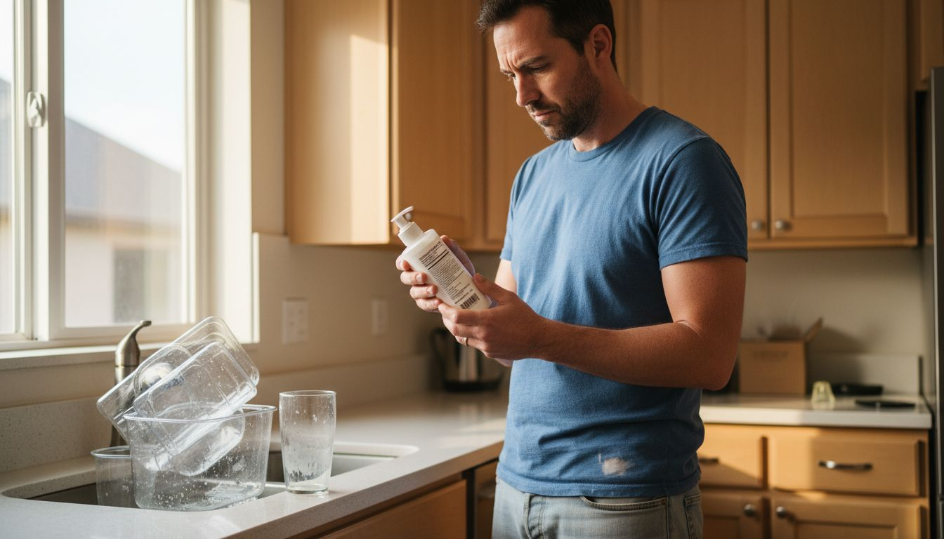 Man reading sustainable skincare ingredients