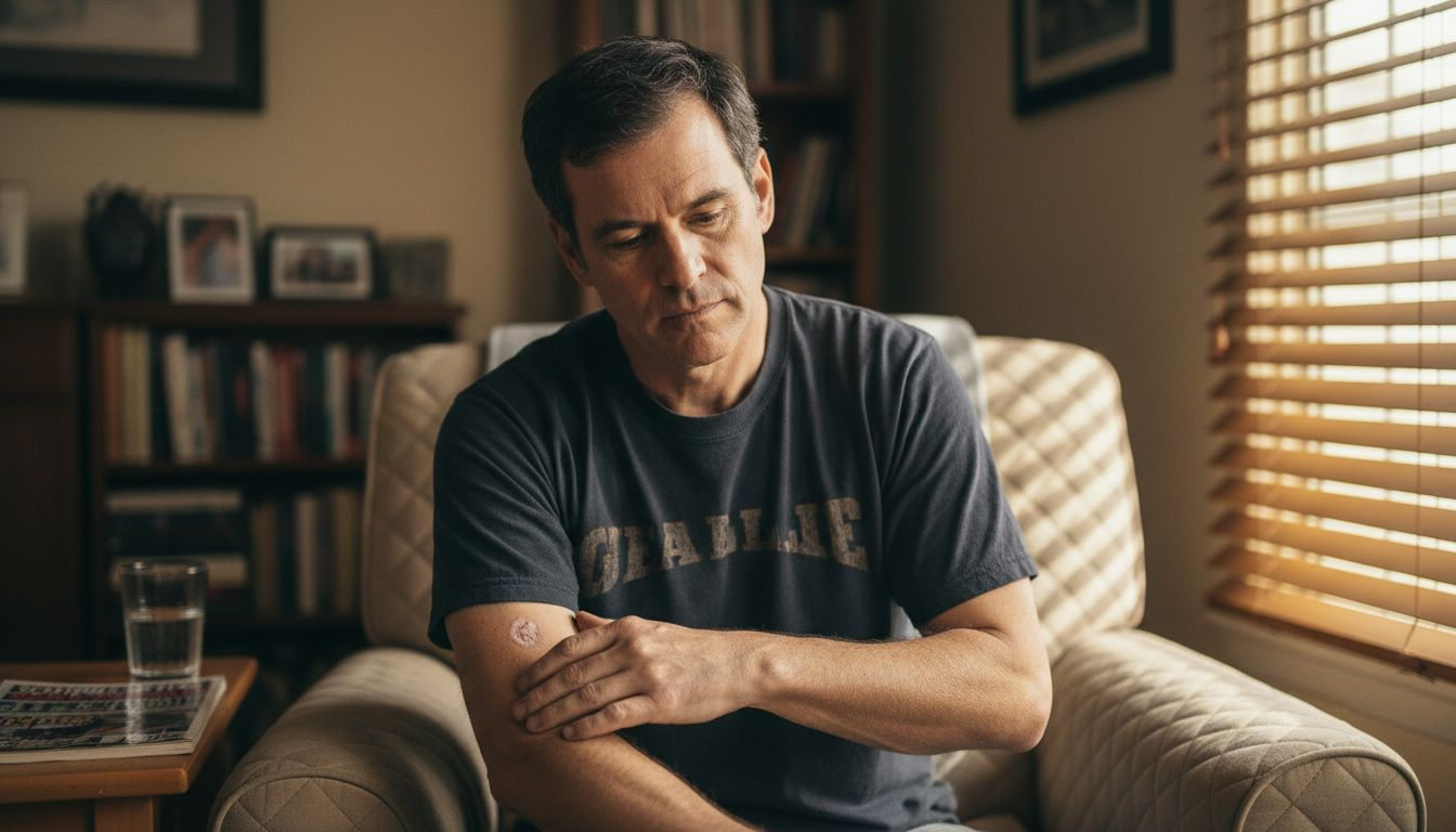 Man examining dry skin on forearm