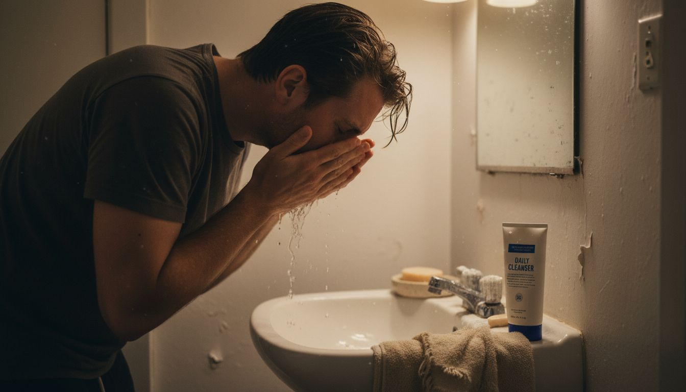 Man washing face in small bathroom