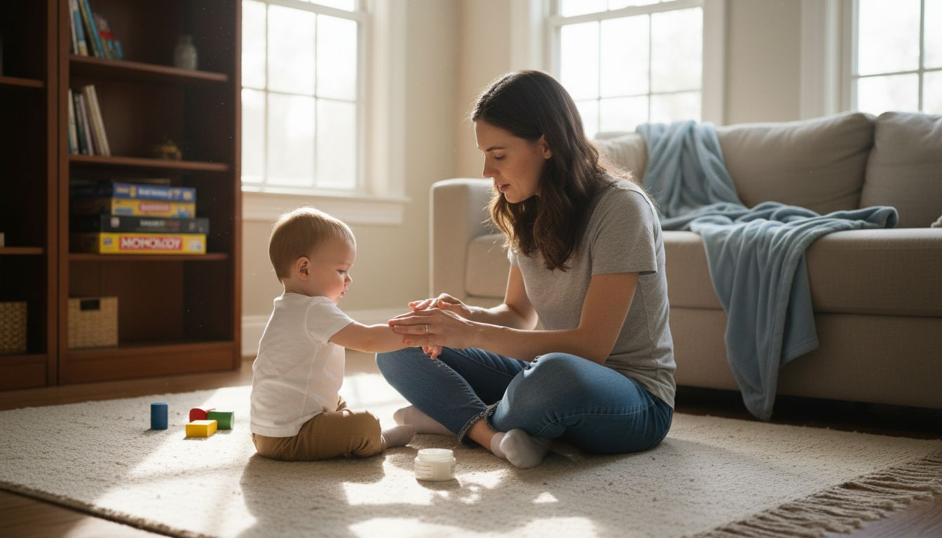 Parent applying cream to child’s skin