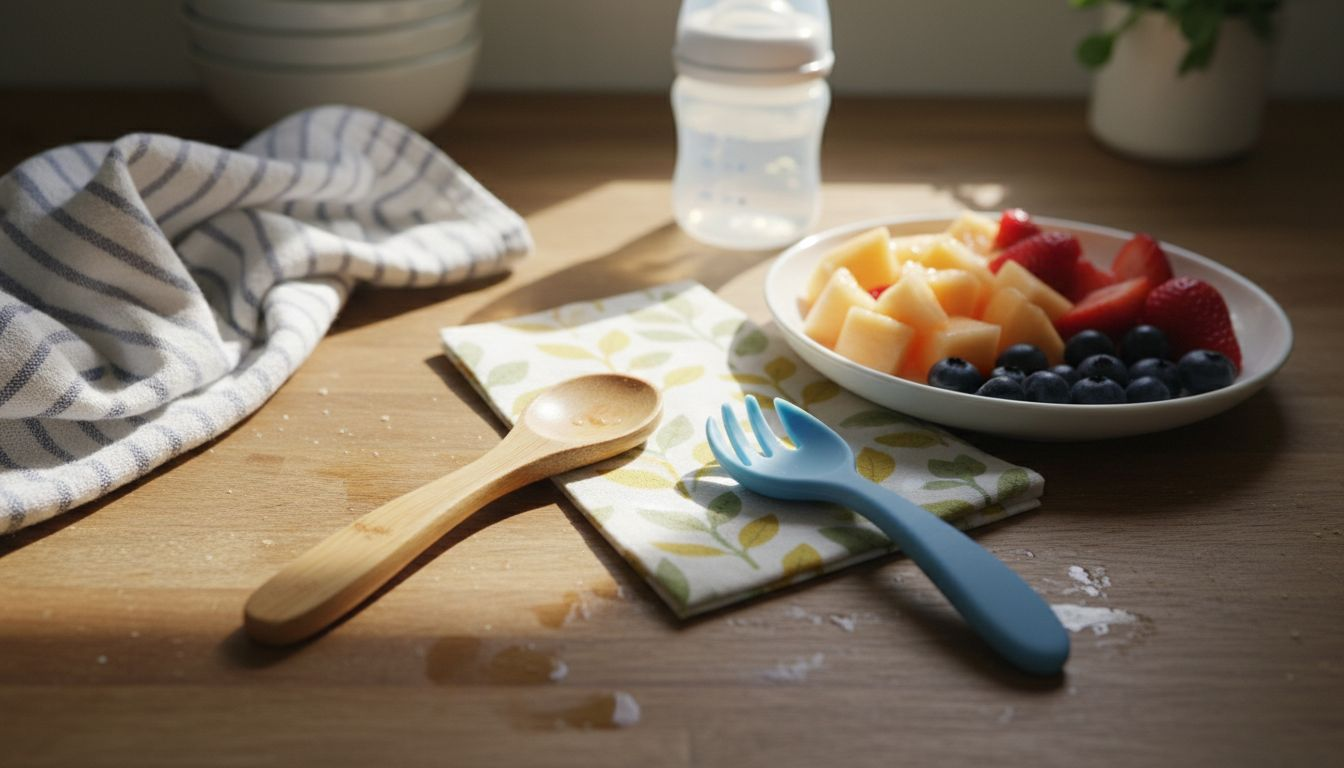Bamboo and silicone baby utensils on kitchen counter