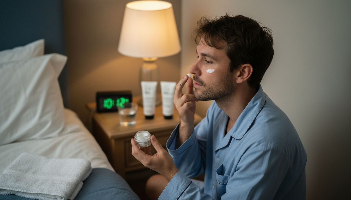 Man applying eye cream at night