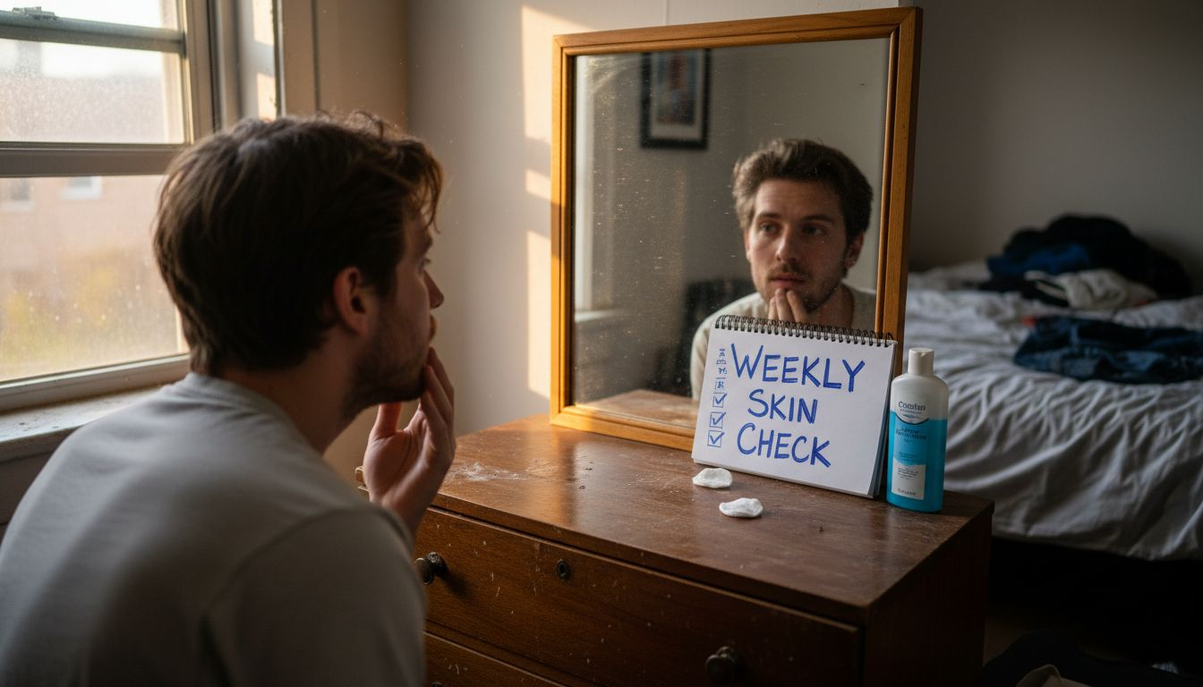 Man checking skin in bedroom mirror