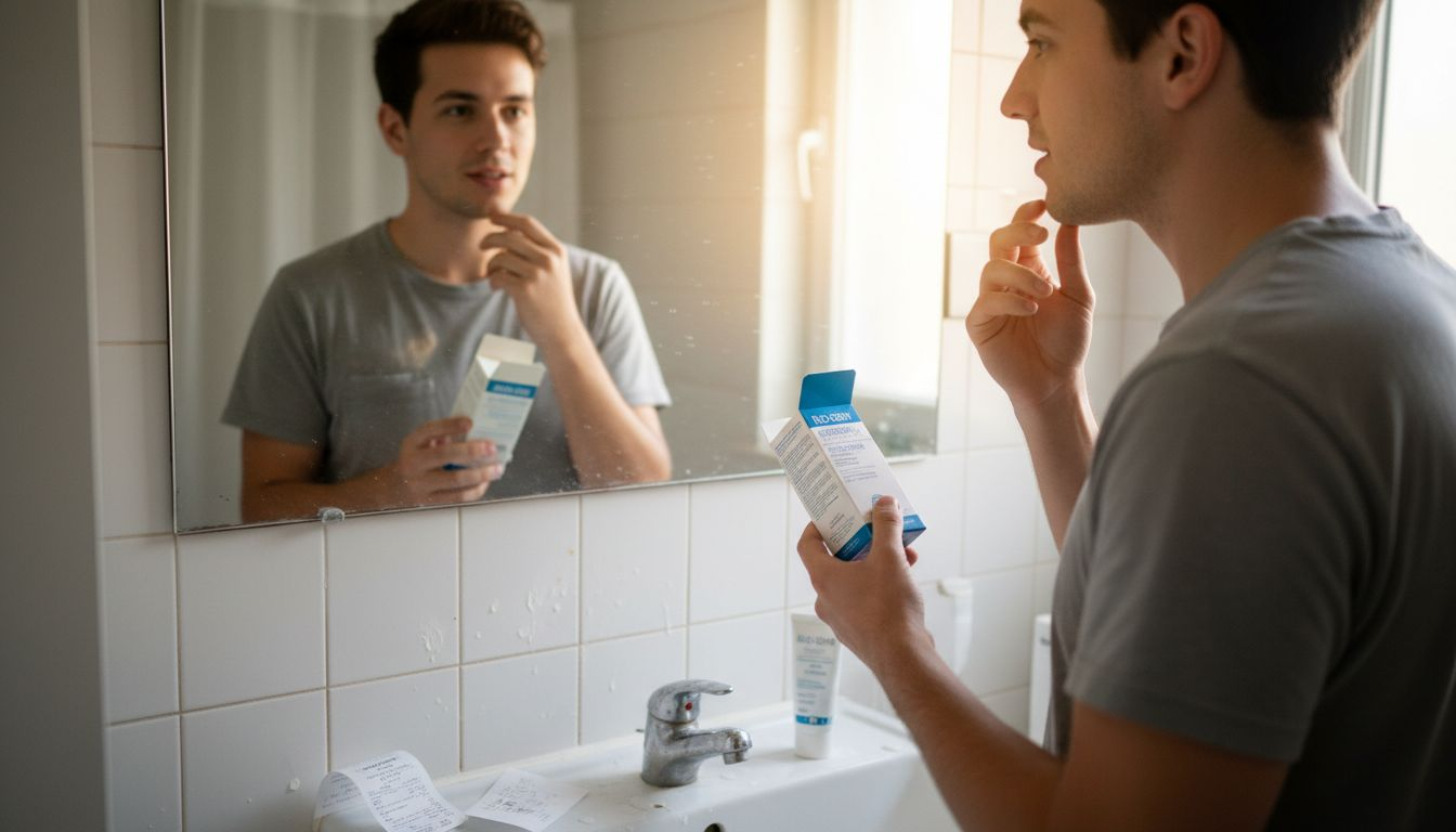 Man checks skin after probiotic serum