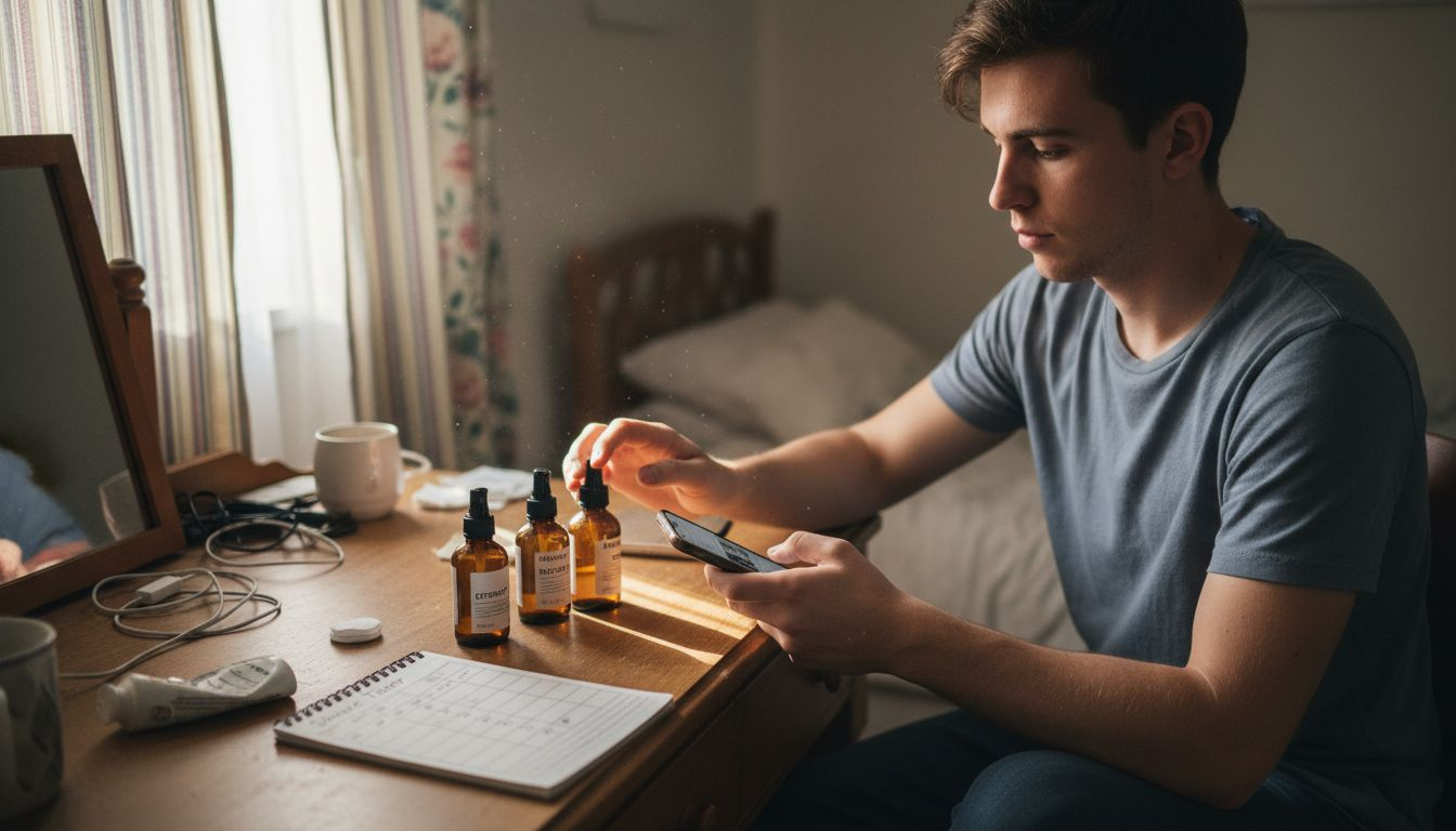 Man rotating skin care products at dresser