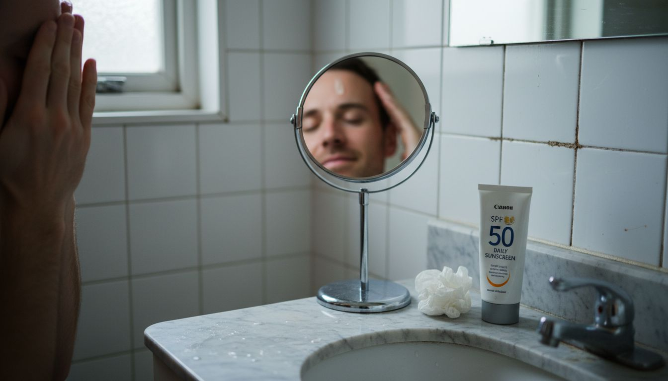 Close-up hands applying serum to forehead