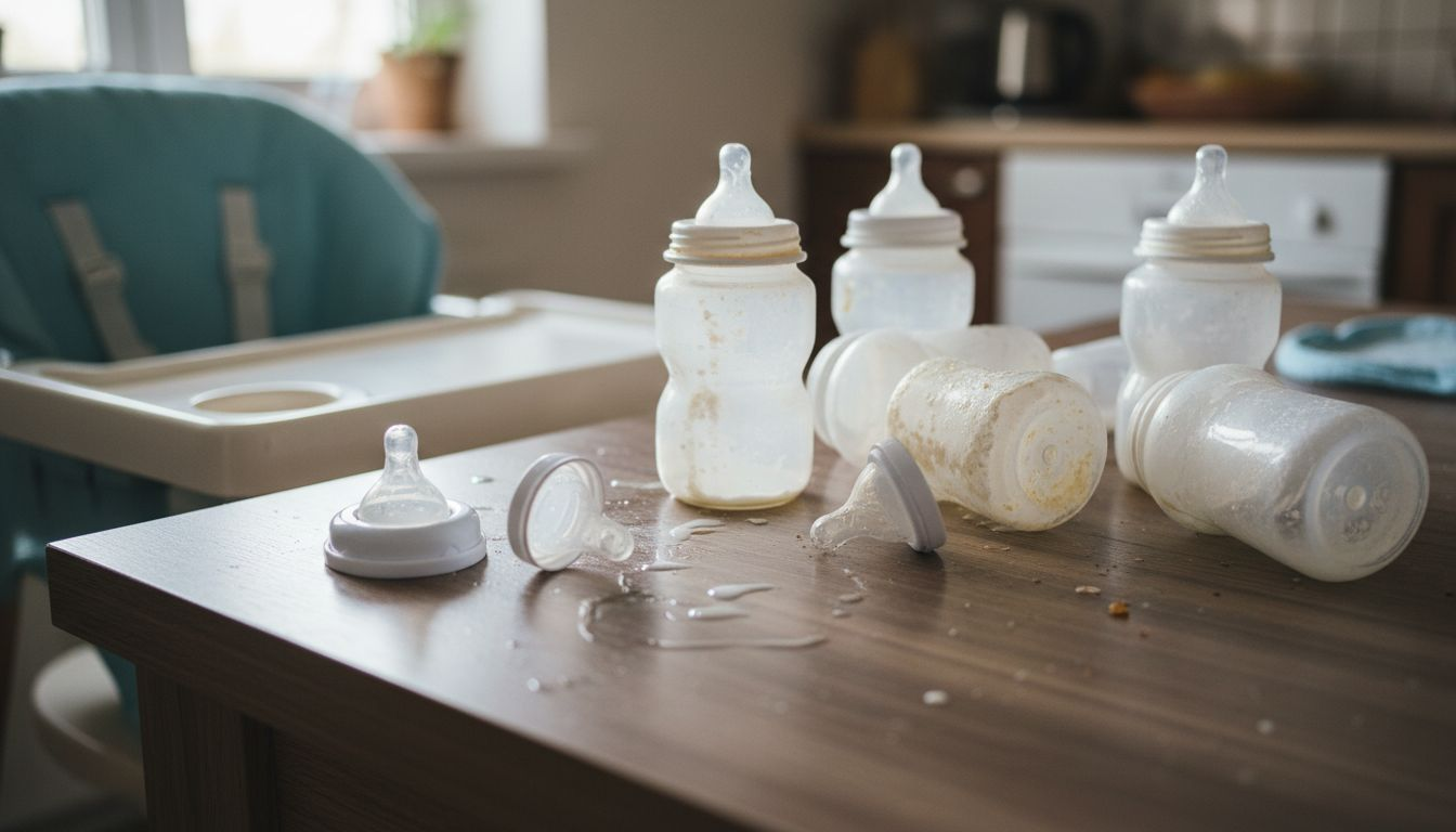 Dirty baby bottles on dining table