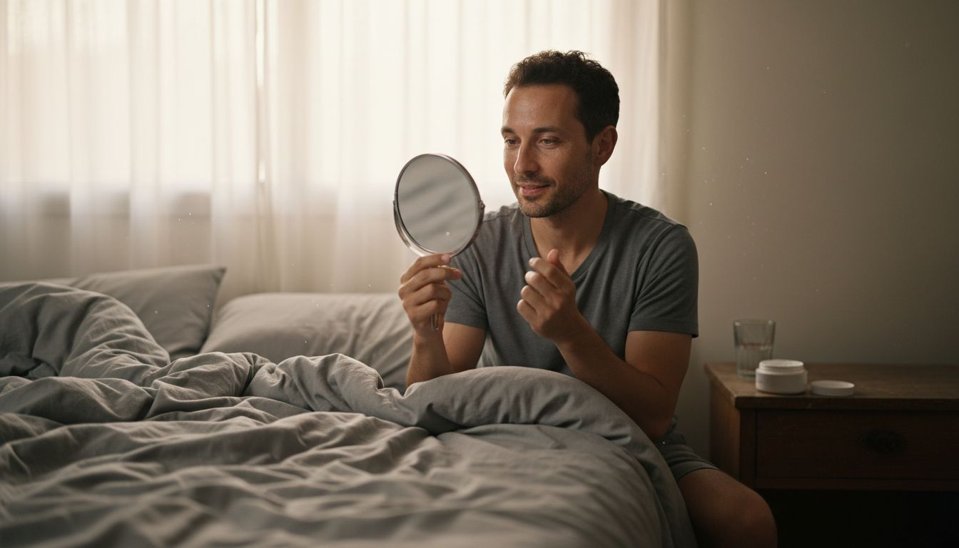 Man examining hydrated glowing skin in mirror
