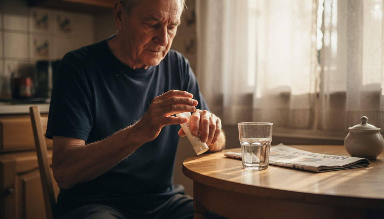 Elderly man moisturizing aging hands at kitchen table