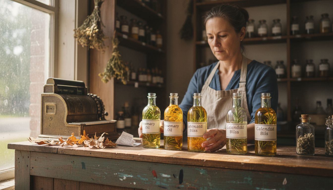 Shopkeeper arranges botanical skincare ingredients