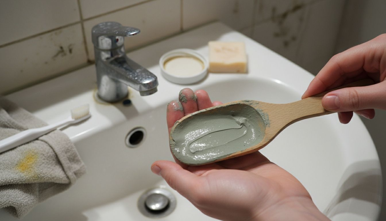 Hands holding wet clay mask in bathroom