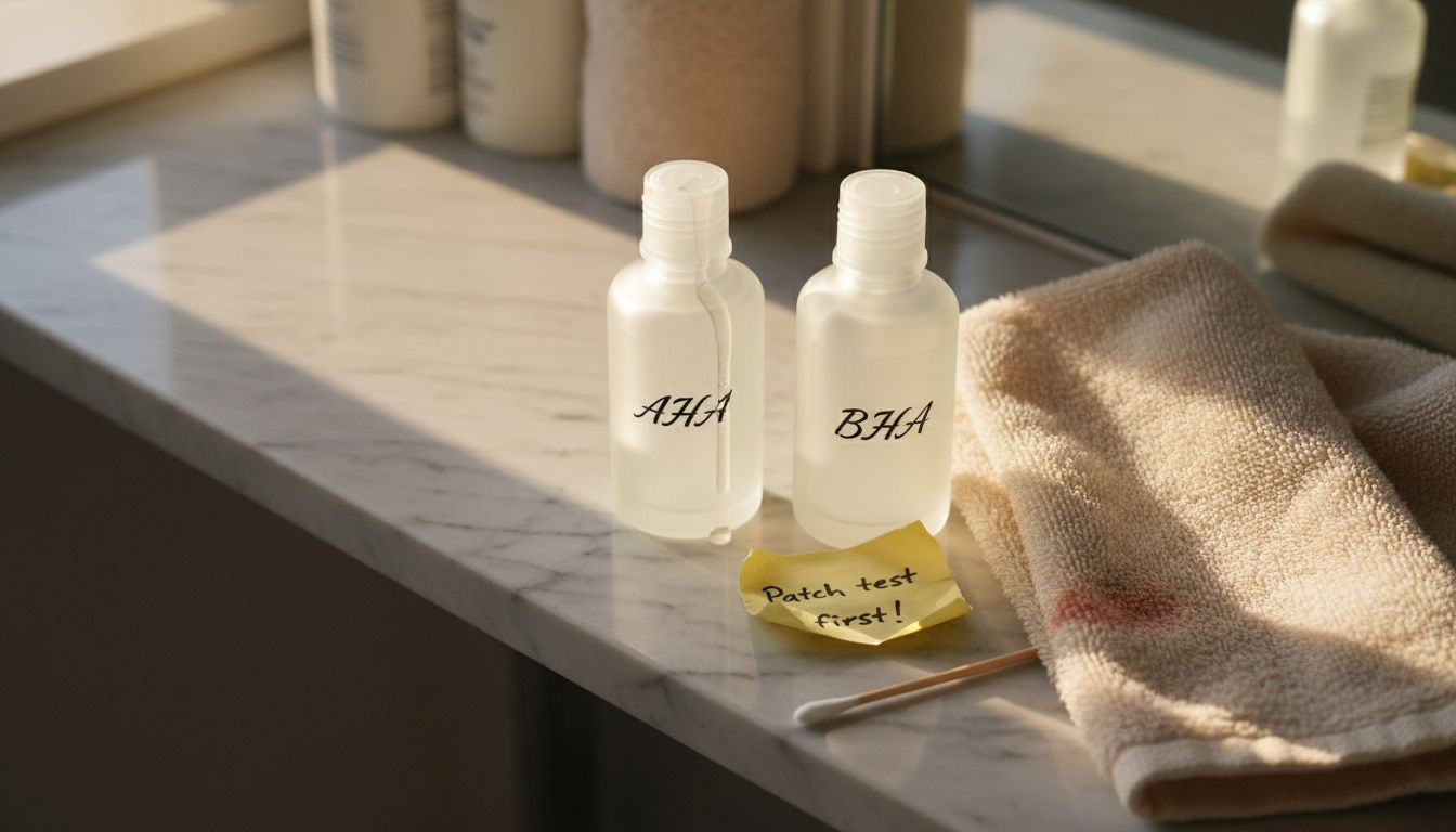 AHA BHA skincare bottles on marble shelf