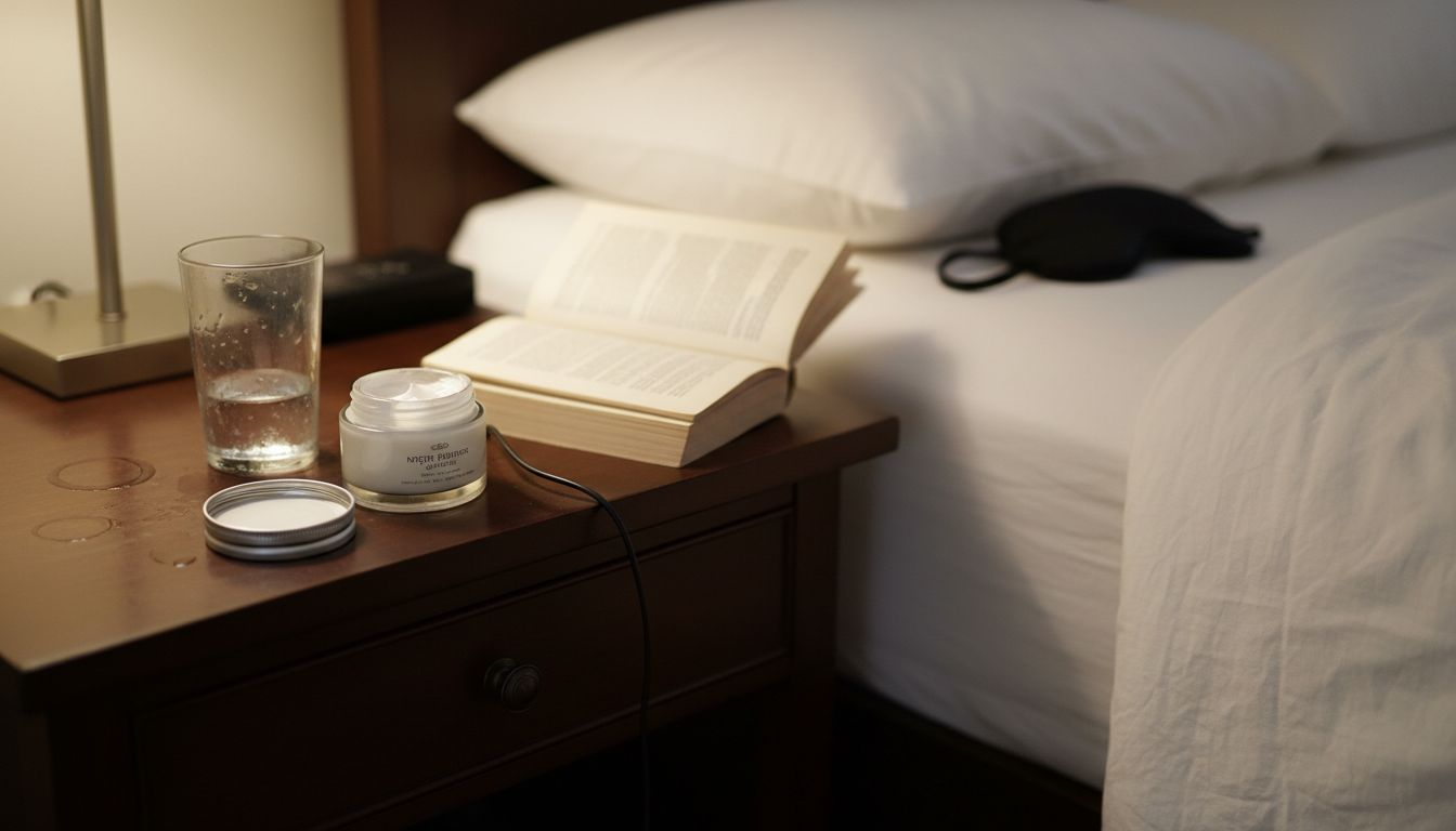 Bedside table with night cream and water