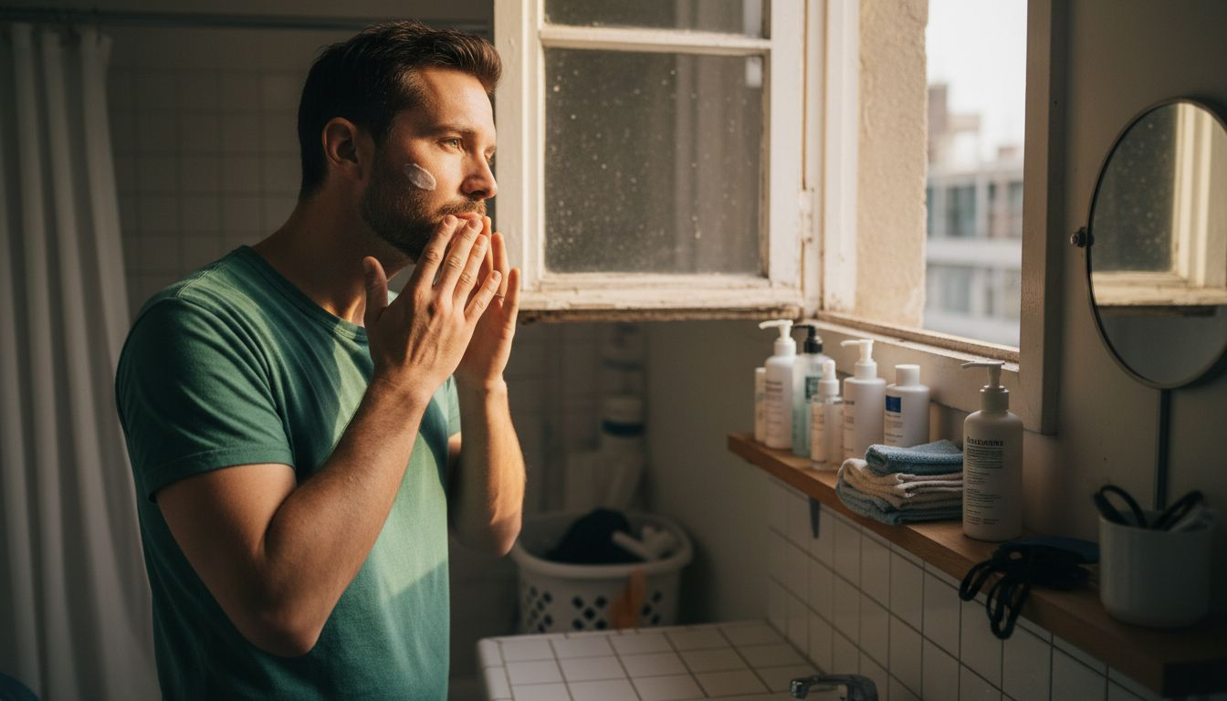 Man applying moisturizer to damp skin