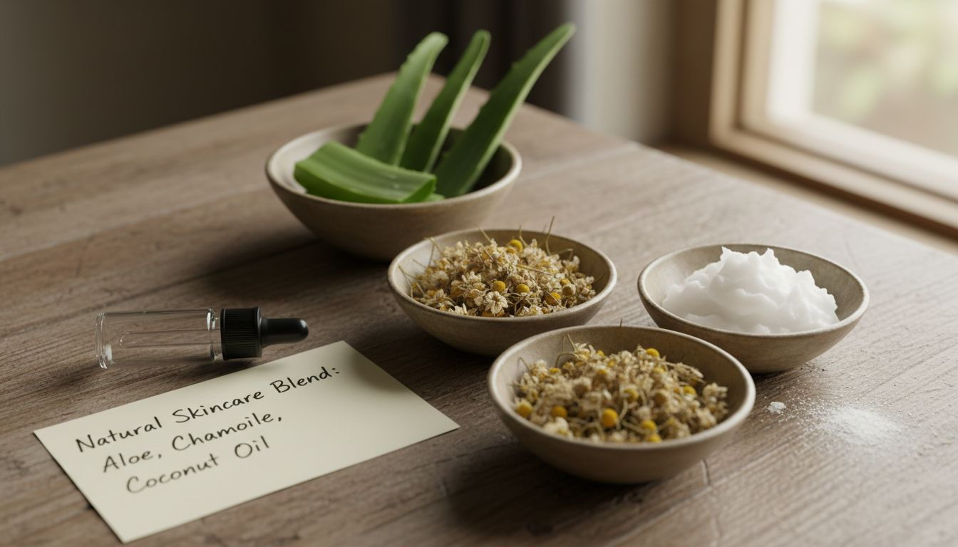 Plant-based skincare ingredients displayed indoor