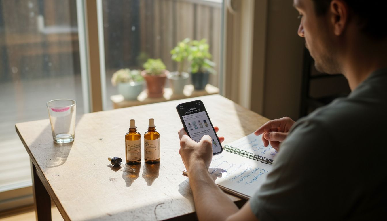 Man comparing skincare product ingredients at kitchen table