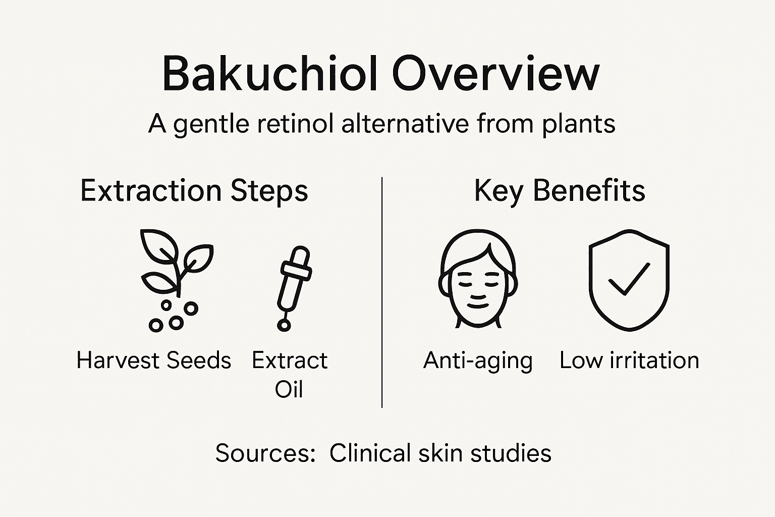 Infografika, kurā parādīta bakuhiola ekstrakcija un ieguvumi