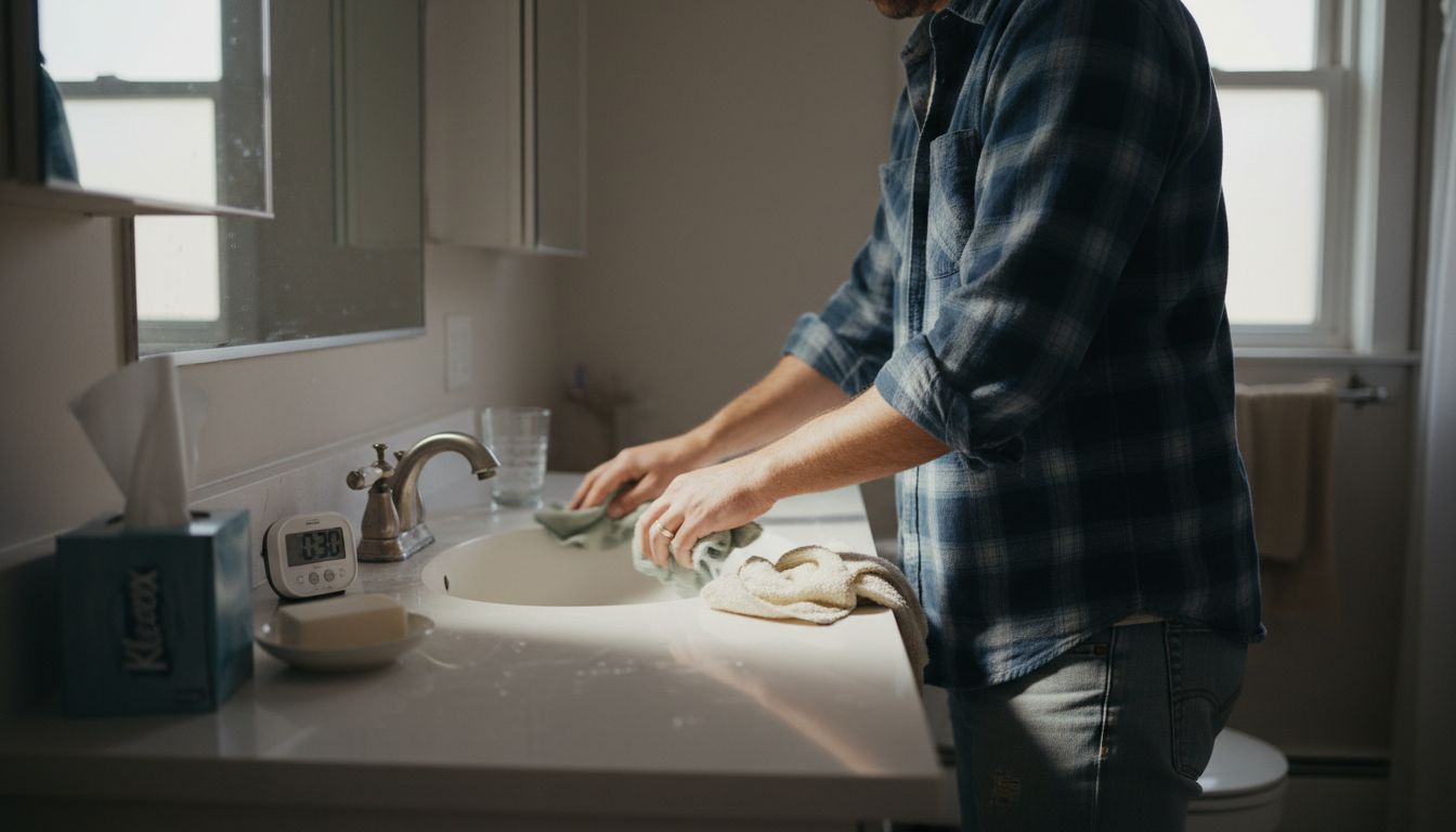 Man cleaning bathroom for skincare routine