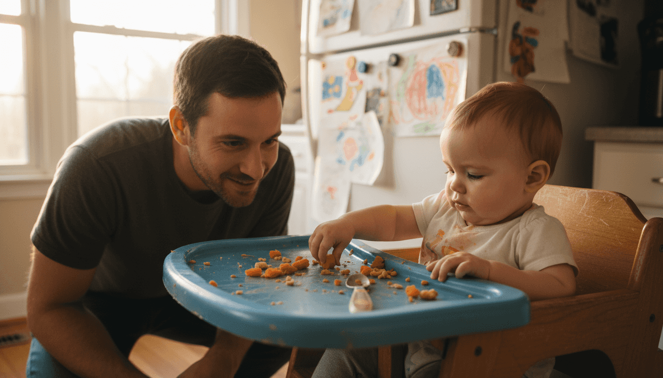 Baby learning to pick up finger food