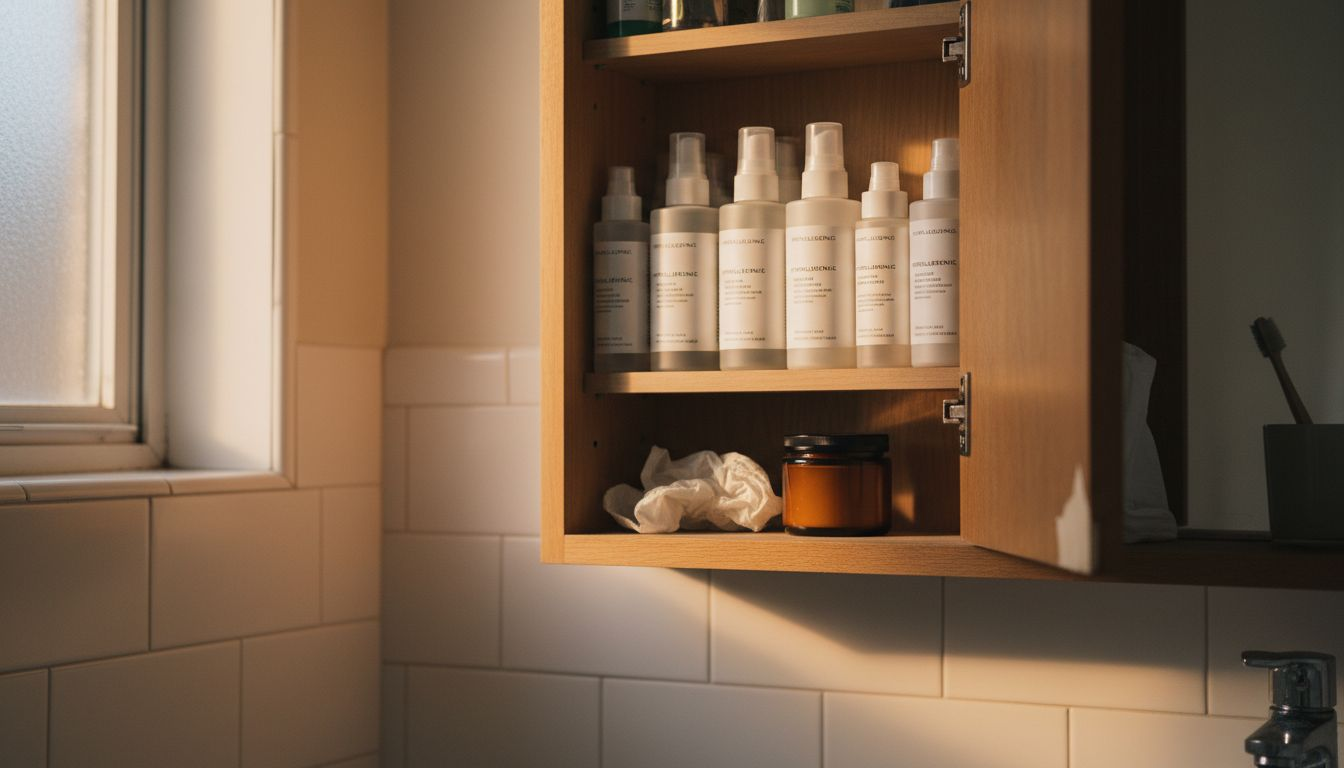 Hypoallergenic skincare products in bathroom cabinet