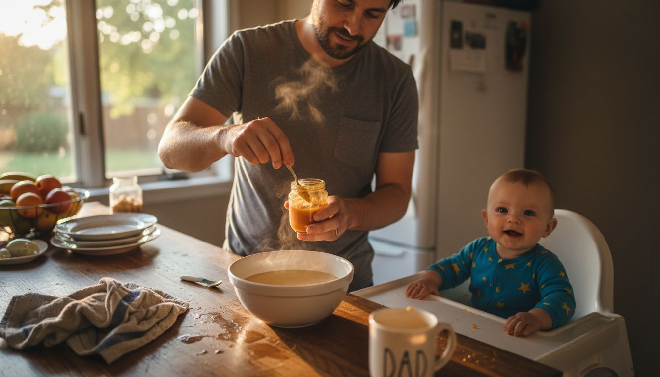 Parent warming baby food in water bath