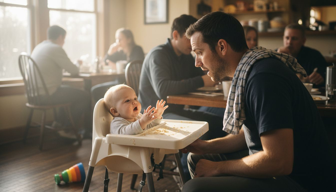 Father watching baby for choking signs