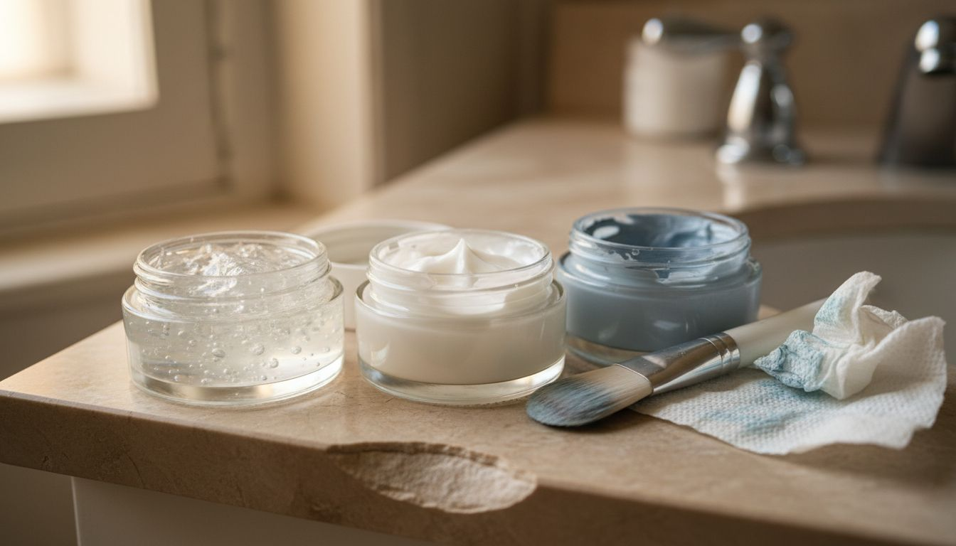 Close-up of various face mask skincare jars